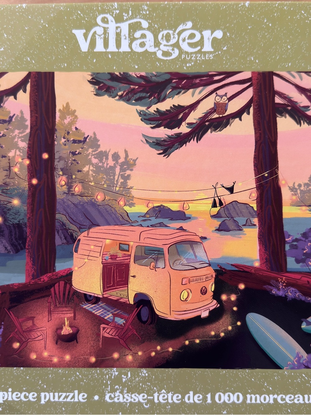 villager Retro Camper Puzzle — Pastel Yellow & Lavender Sunset